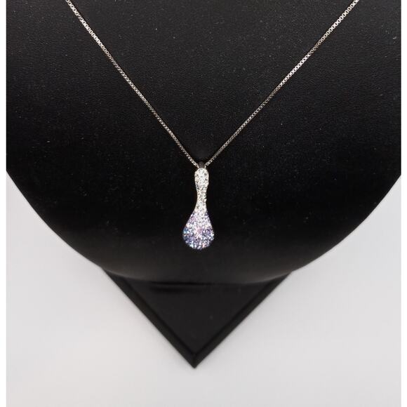Sterling Silver Ombre Purple Crystal Teardrop Pendant Necklace 18” Box Chain 925 - Picture 2 of 3